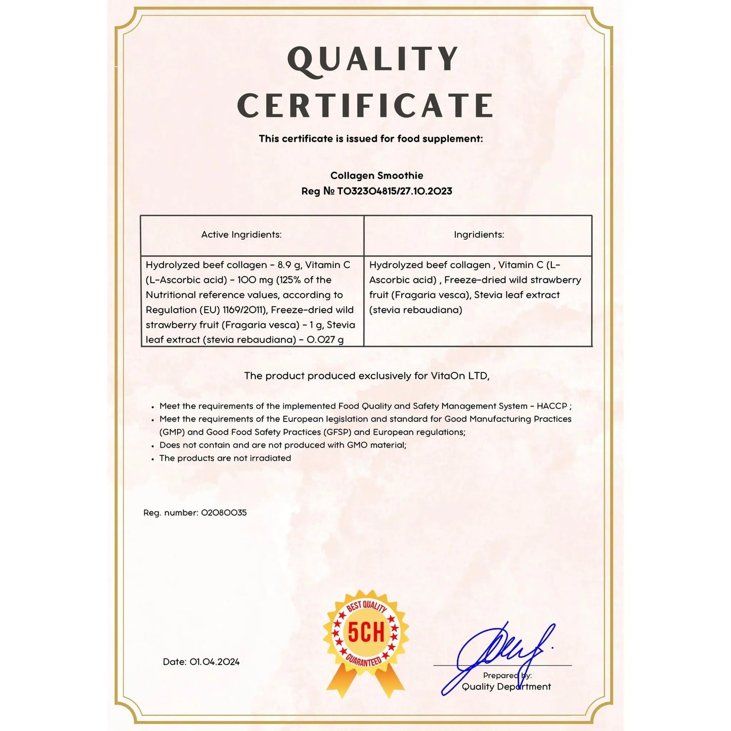 Quality certificate collagen smoothie