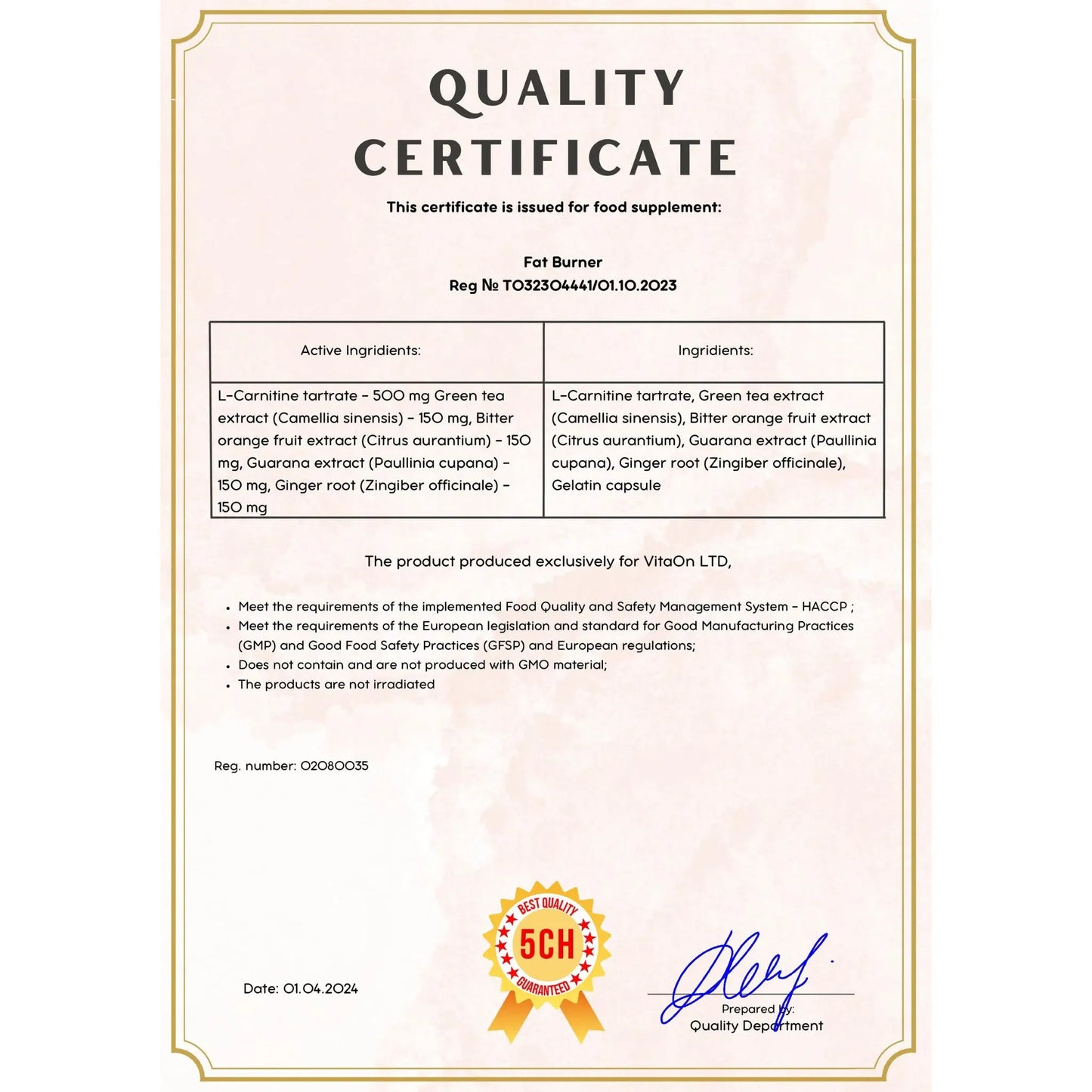 Quality certificate fat burner