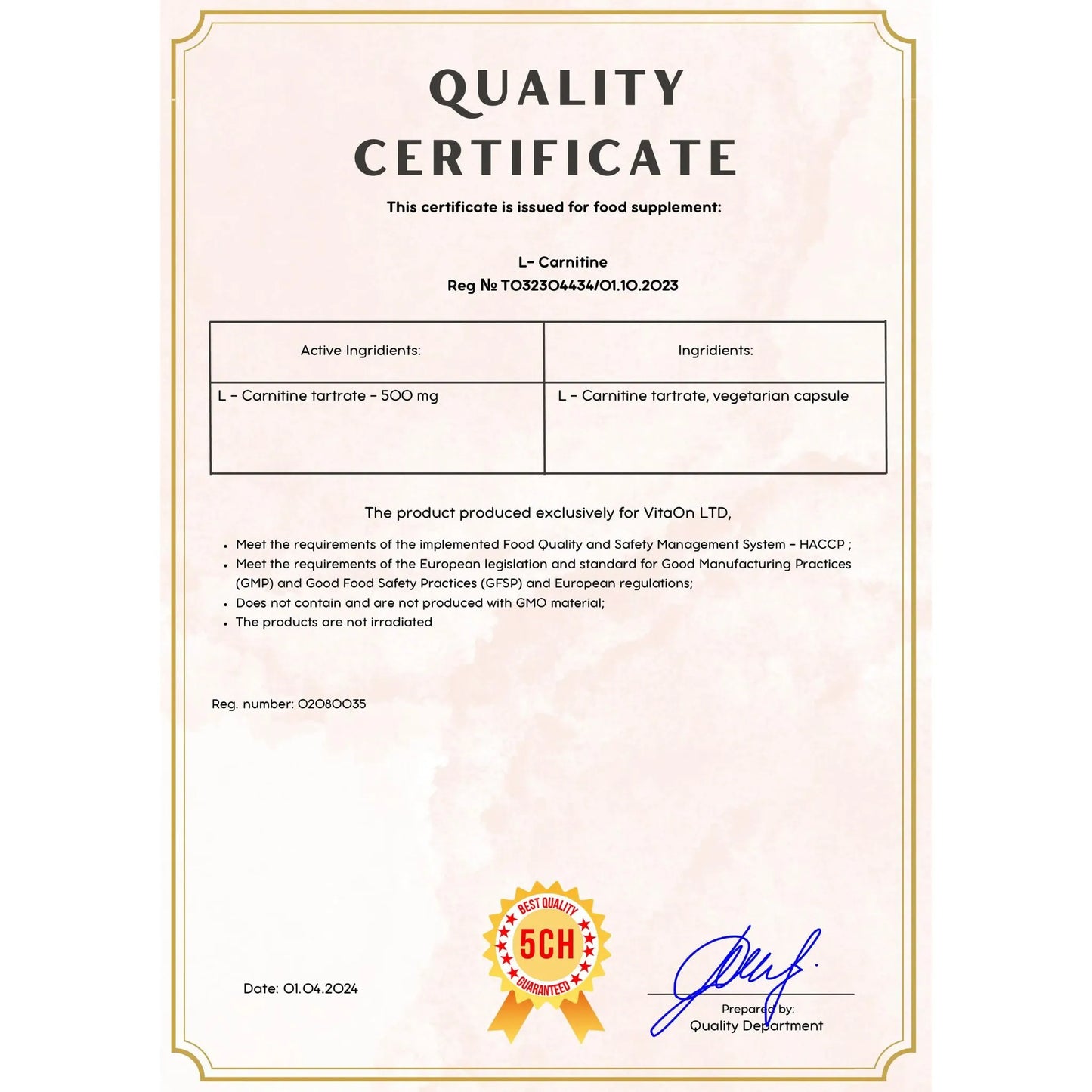 Quality certificate l-carnitine