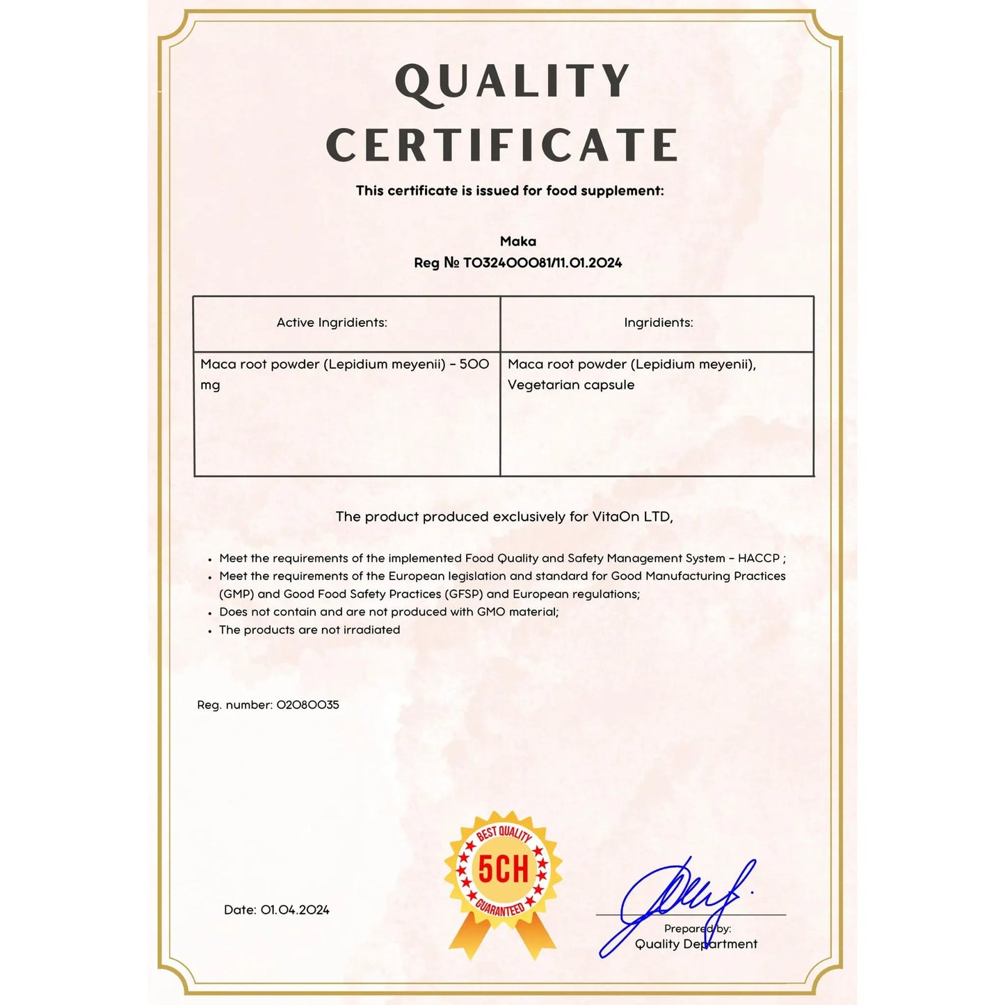 Quality certificate maca