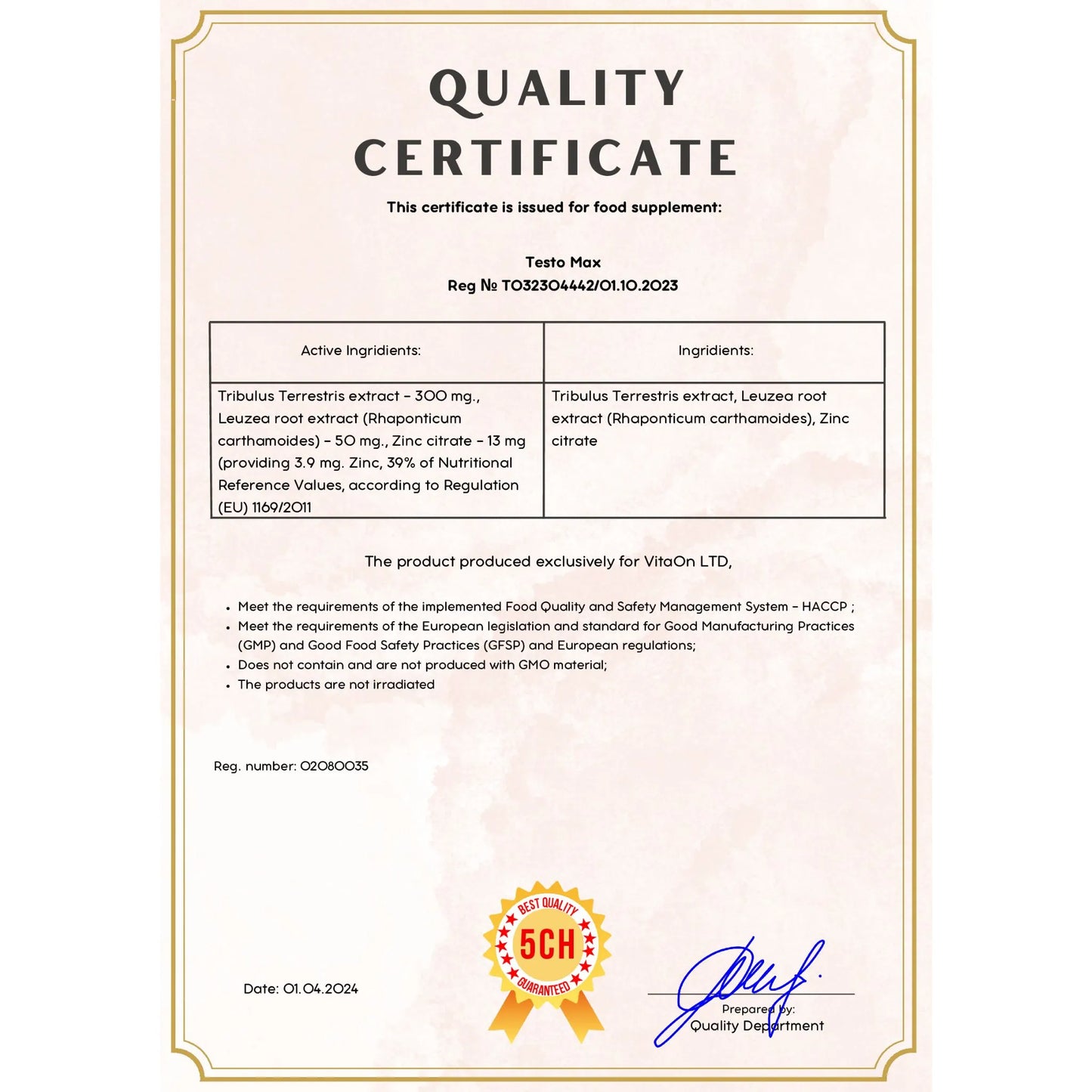 Quality certificate testo max