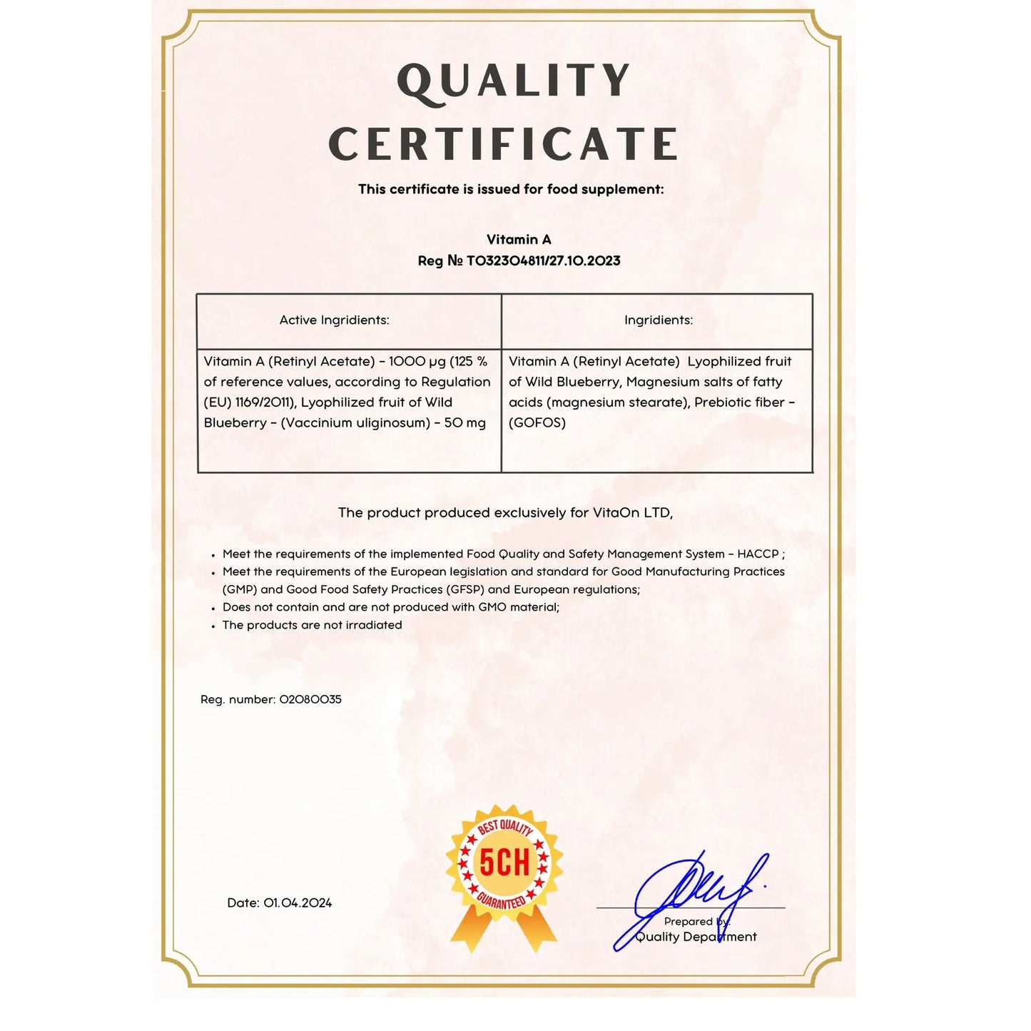 Quality certificate vitamin a