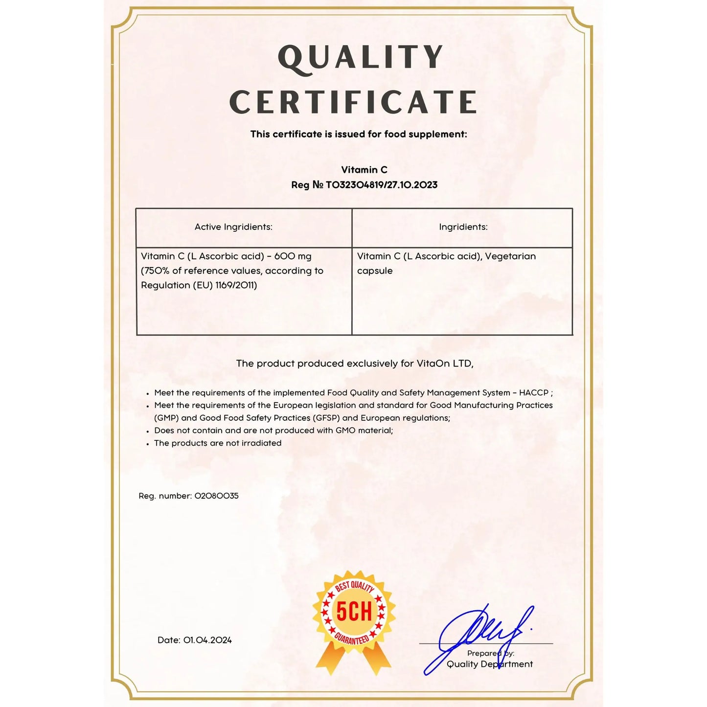 Quality certificate vitamin c
