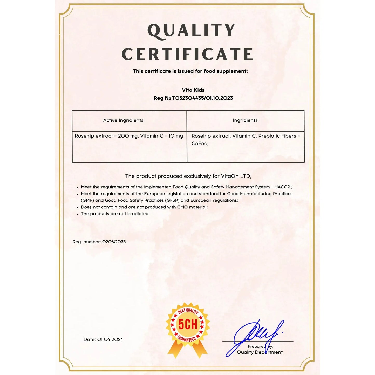 Quality certificate vitamin c for kids