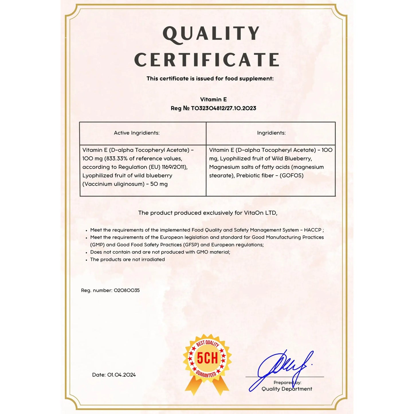 Quality certificate vitamin e