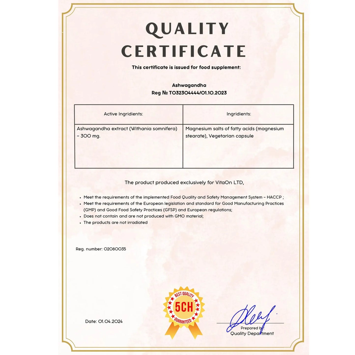 Quality certificate ashvagandha