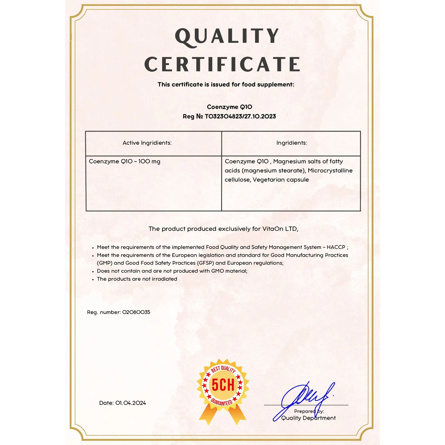 Quality certificate coenzyme q10