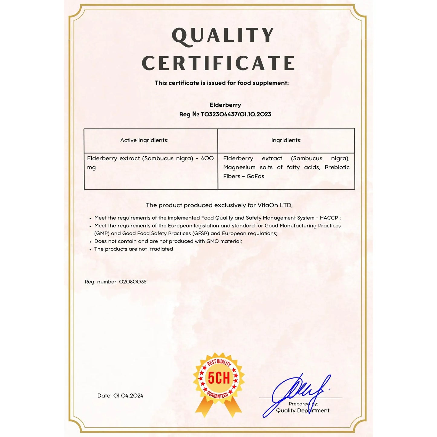 Quality certificate elderberry