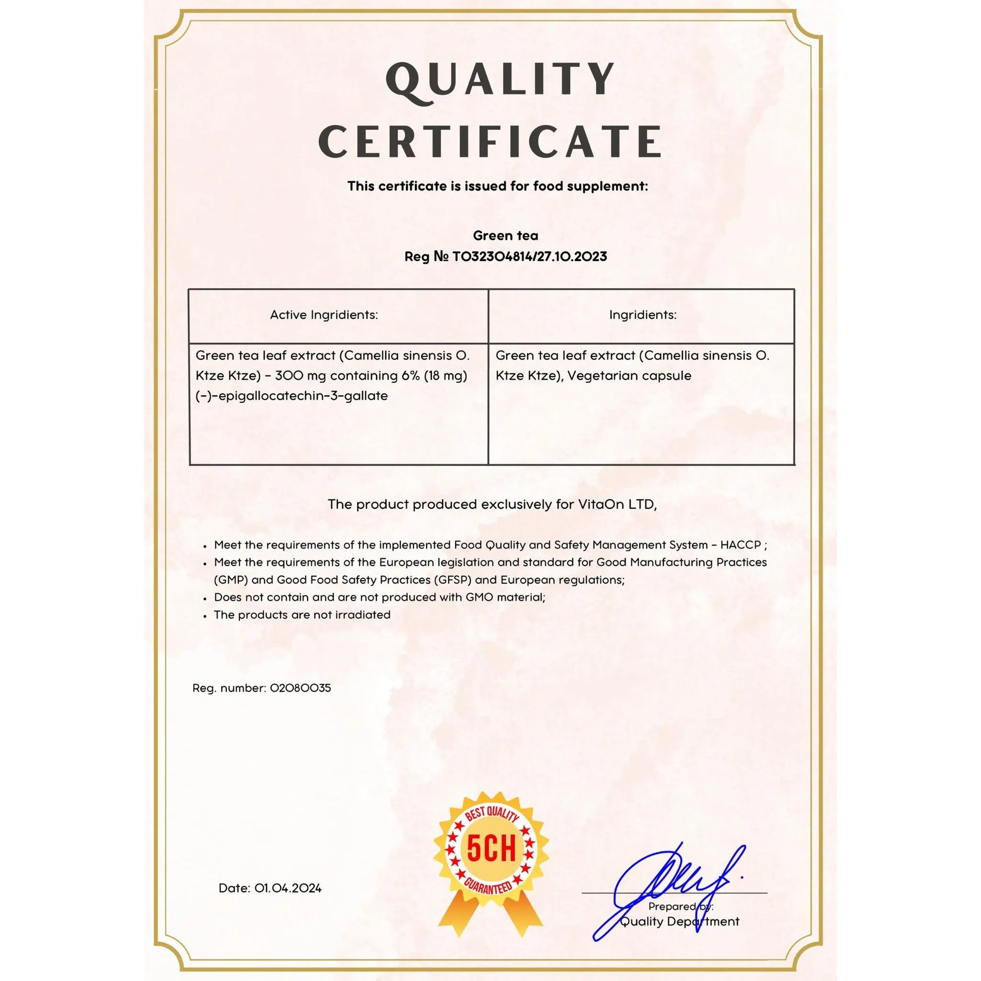 Quality certificate green tea