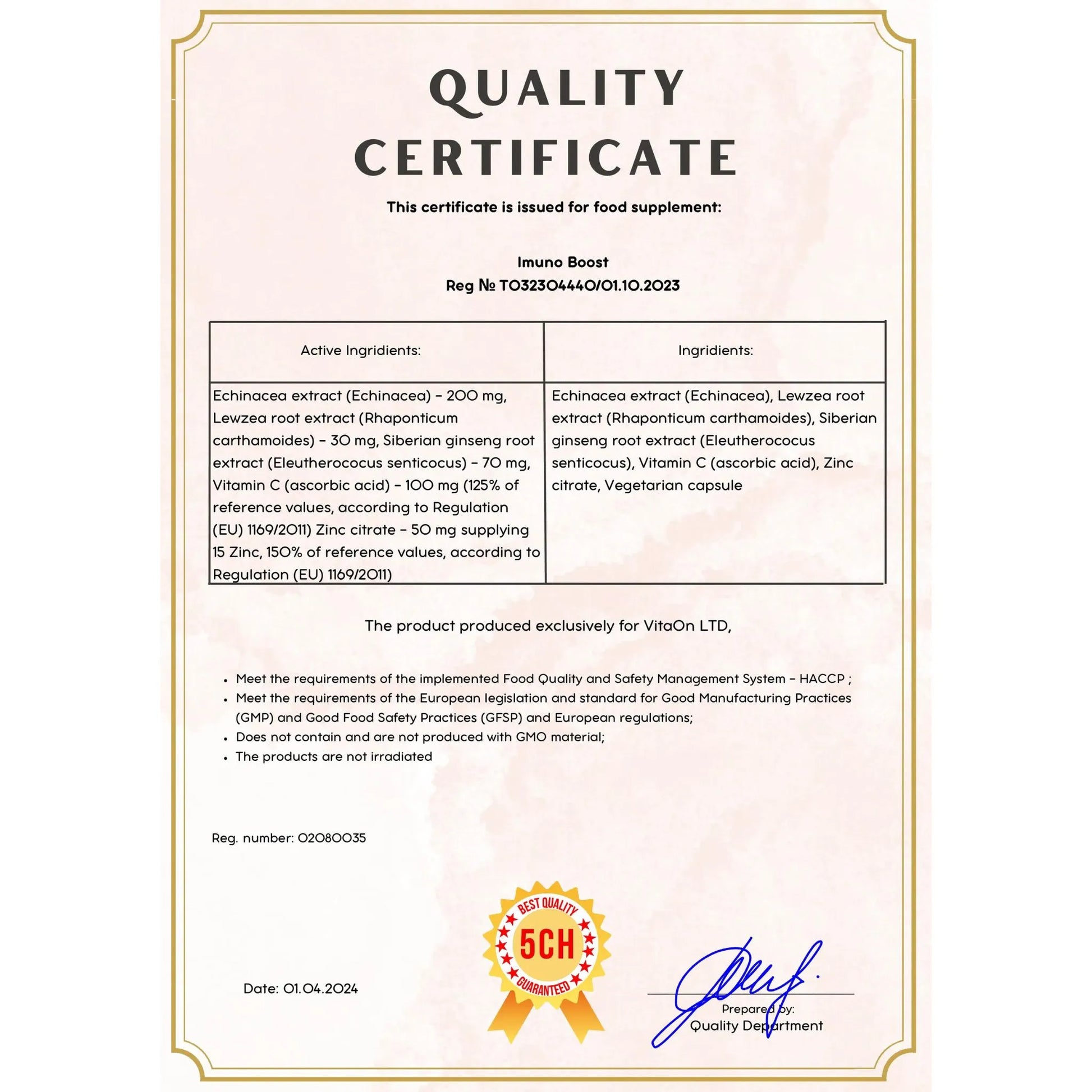 Quality certificate imuno boost