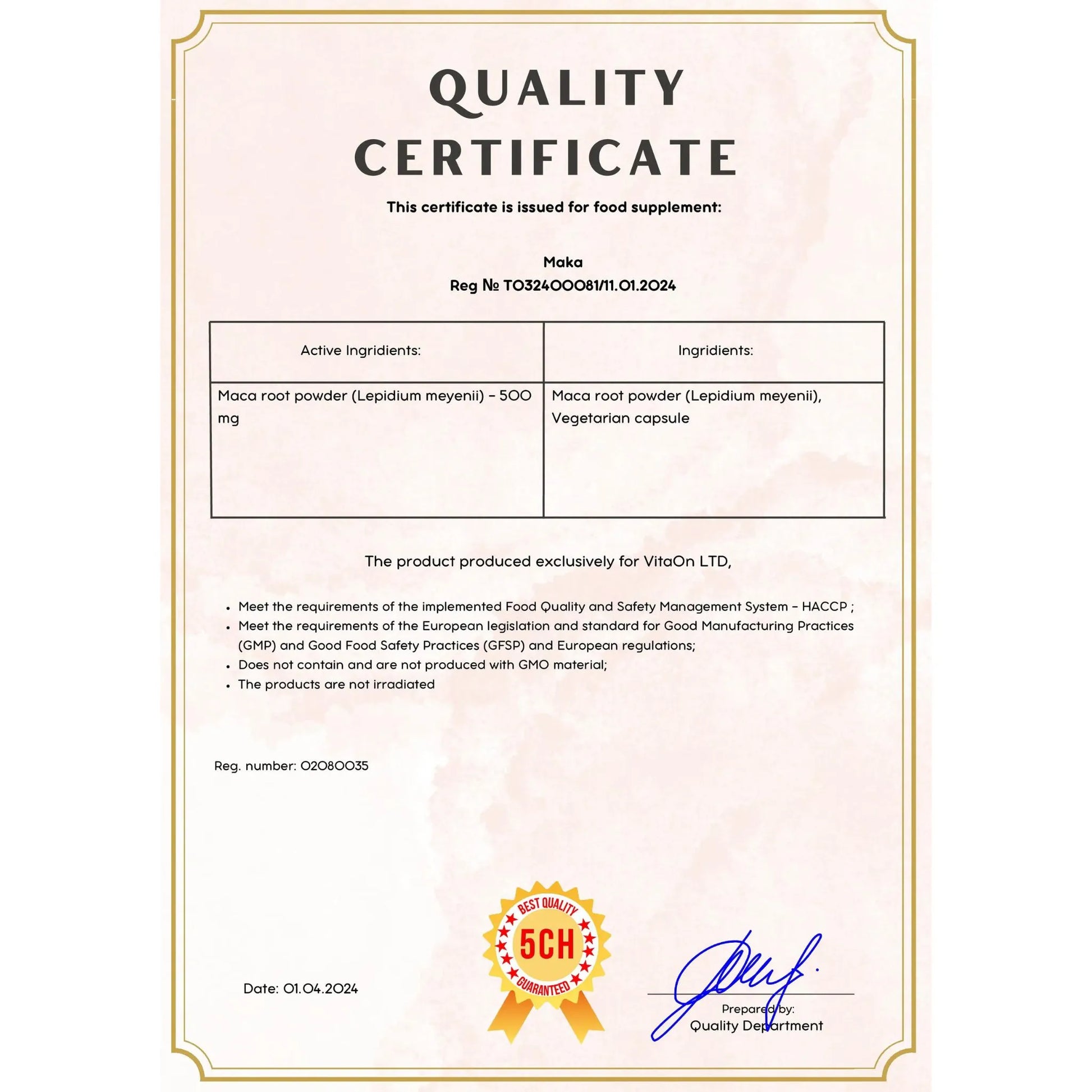Quality certificate maca 