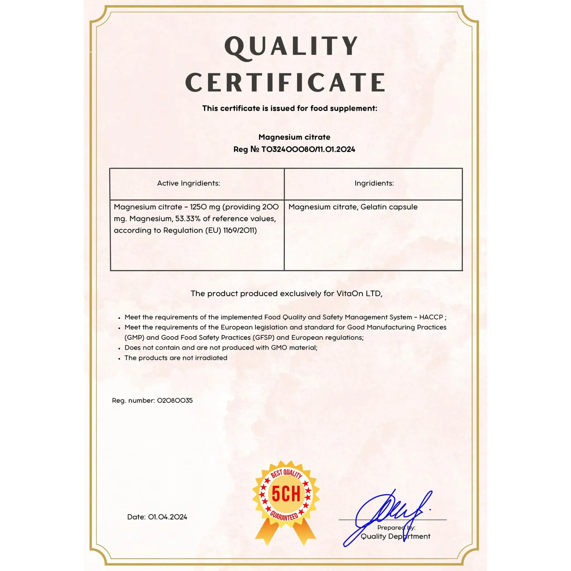 Quality certificate magneizum citrat