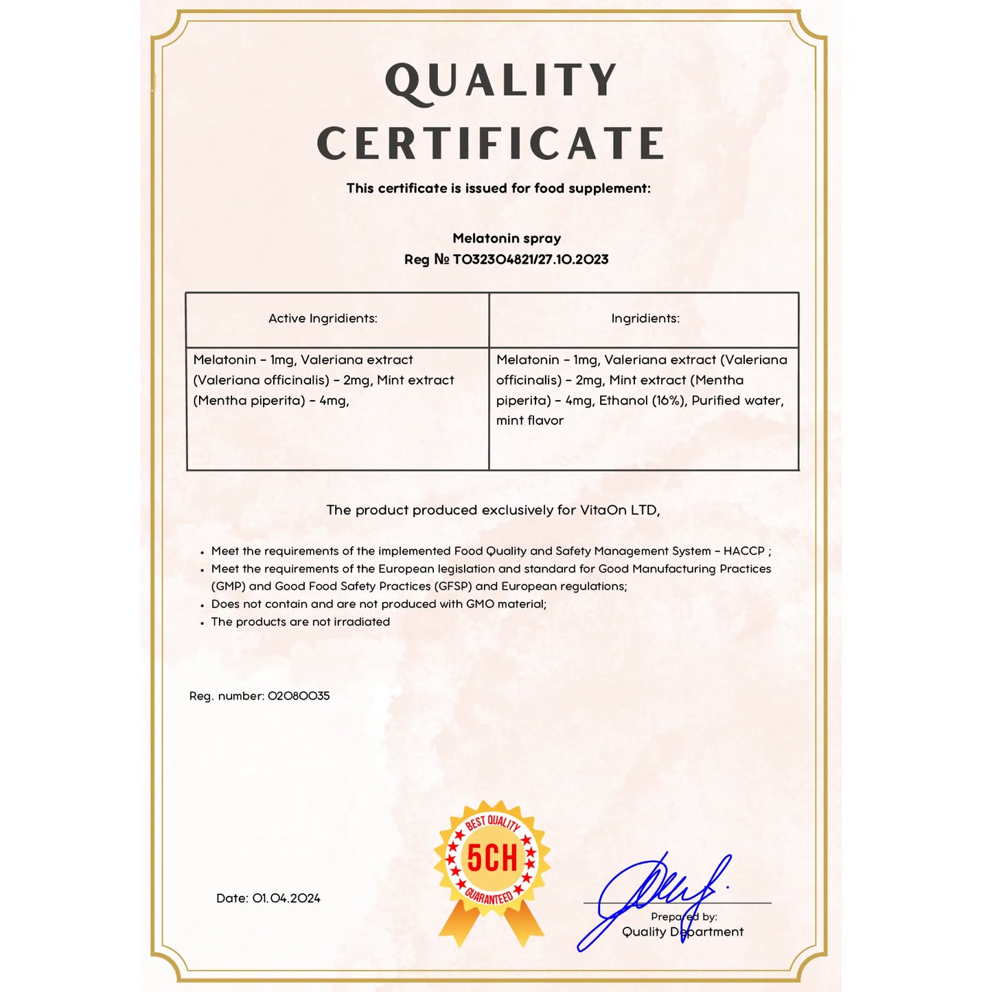 Quality certificate melatonin spray