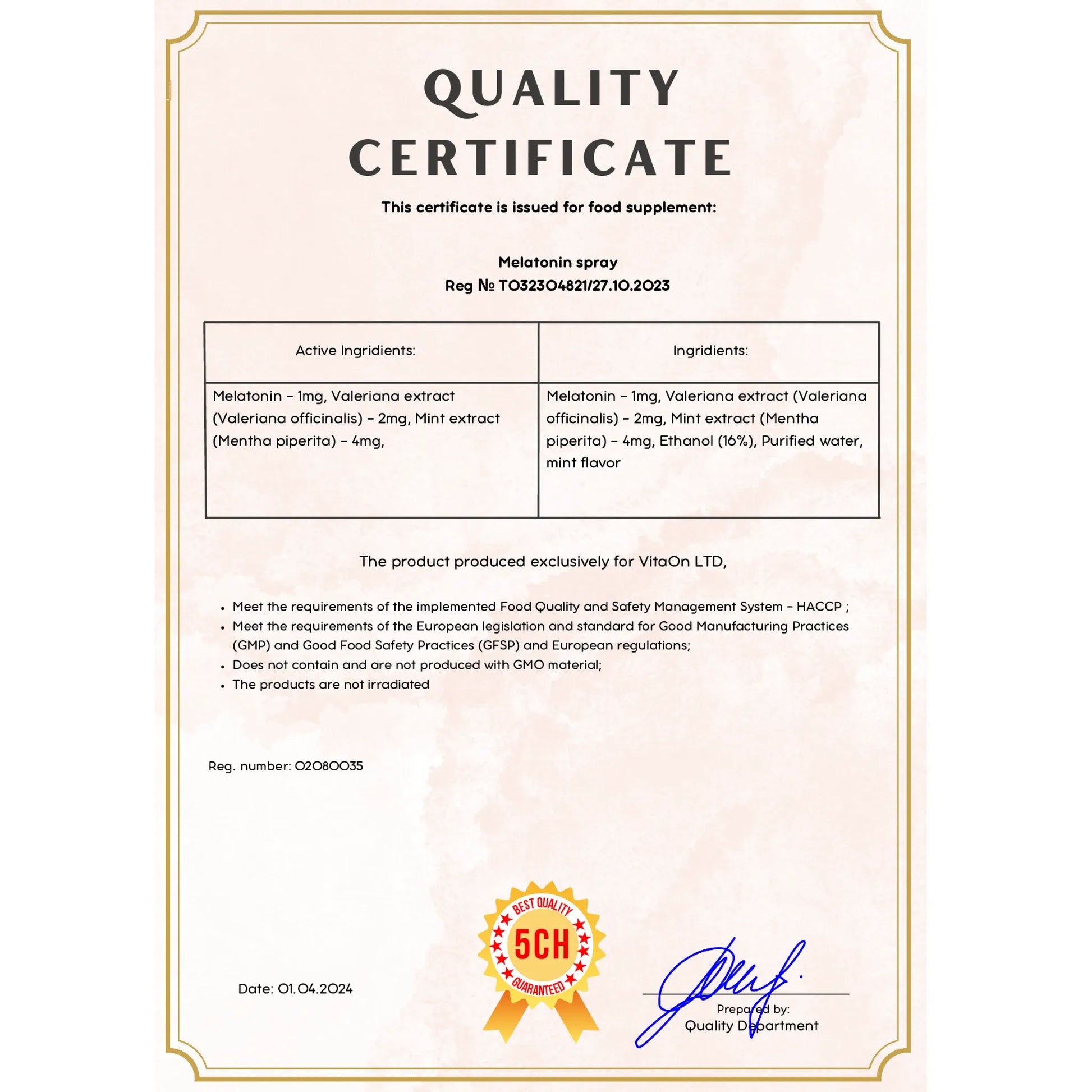 Quality certificate melatonin spray