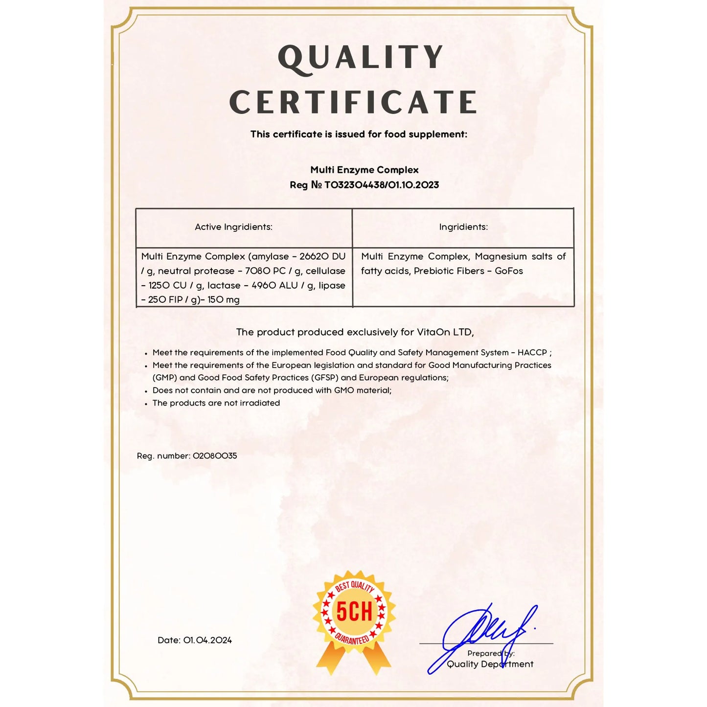 Quality certificate multi enzyme complex