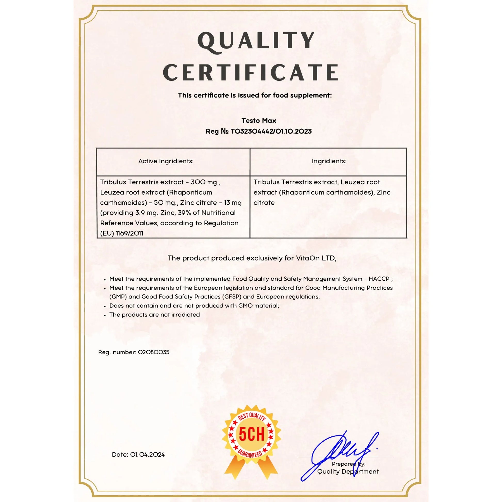 Quality certificate testo max