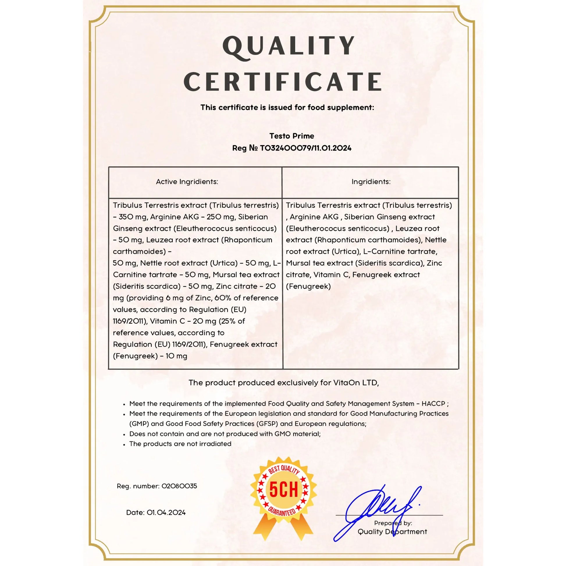Quality certificate testo prime