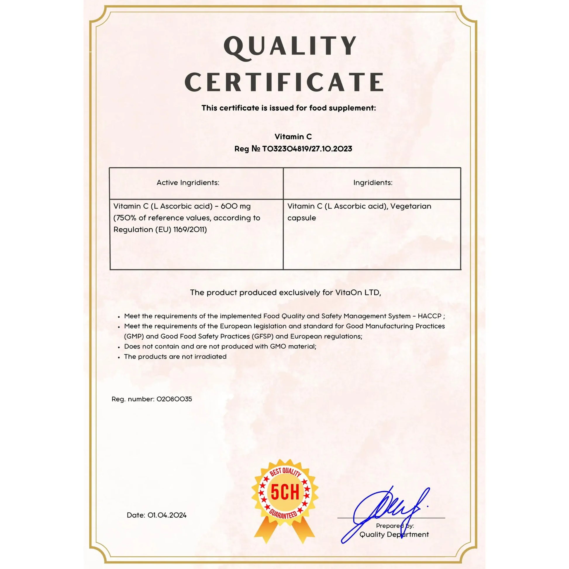 Quality certificate vitamin c 