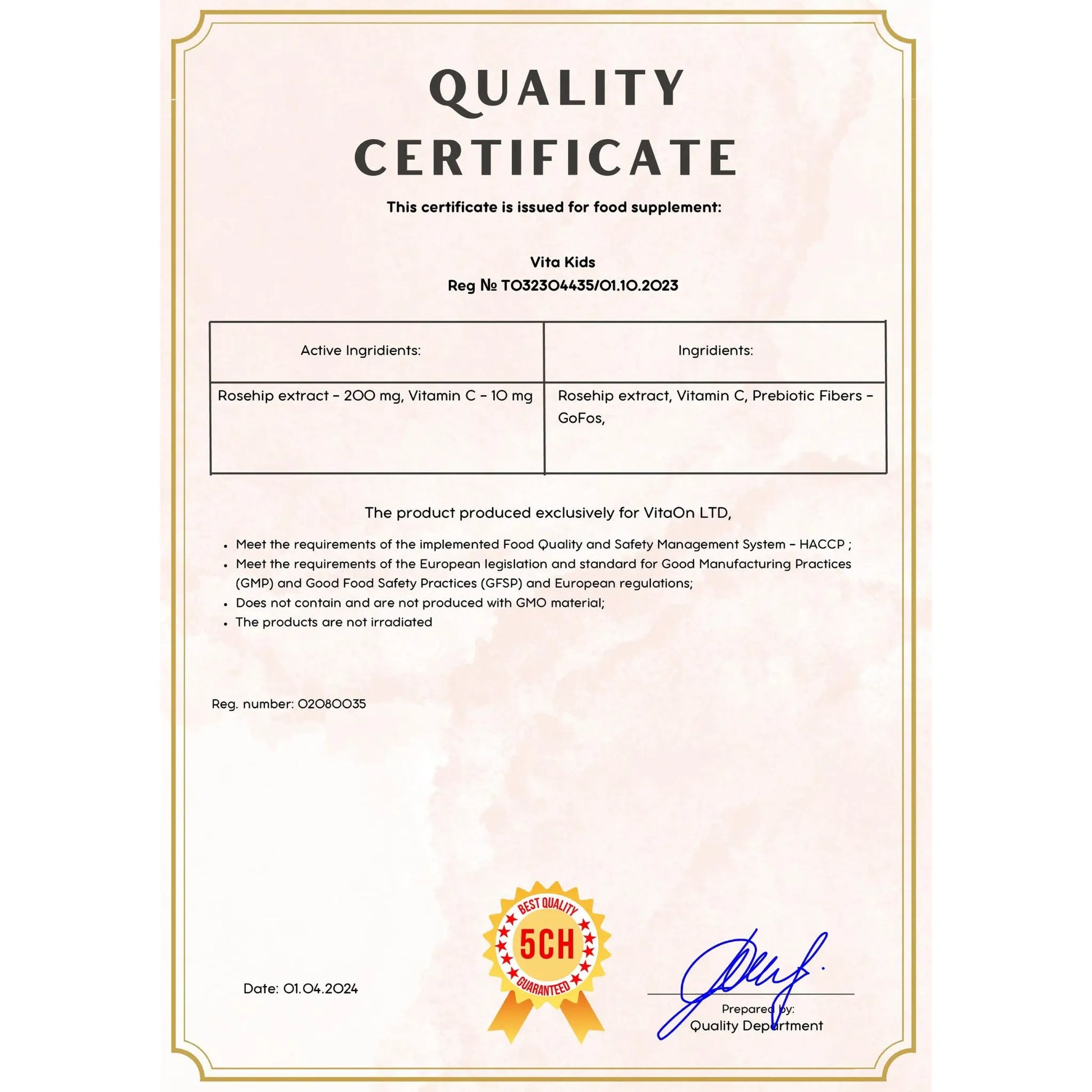 Quality certificate vitamin c for kids