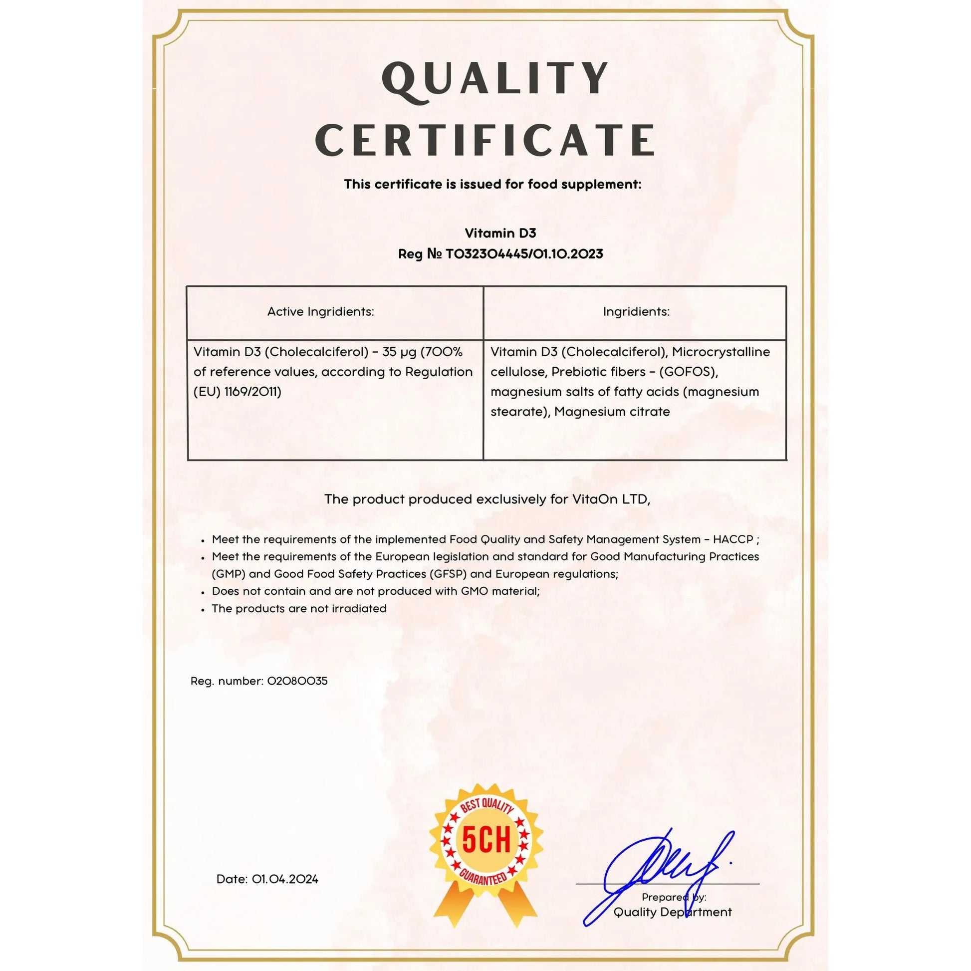 Quality certificate vitamin d3