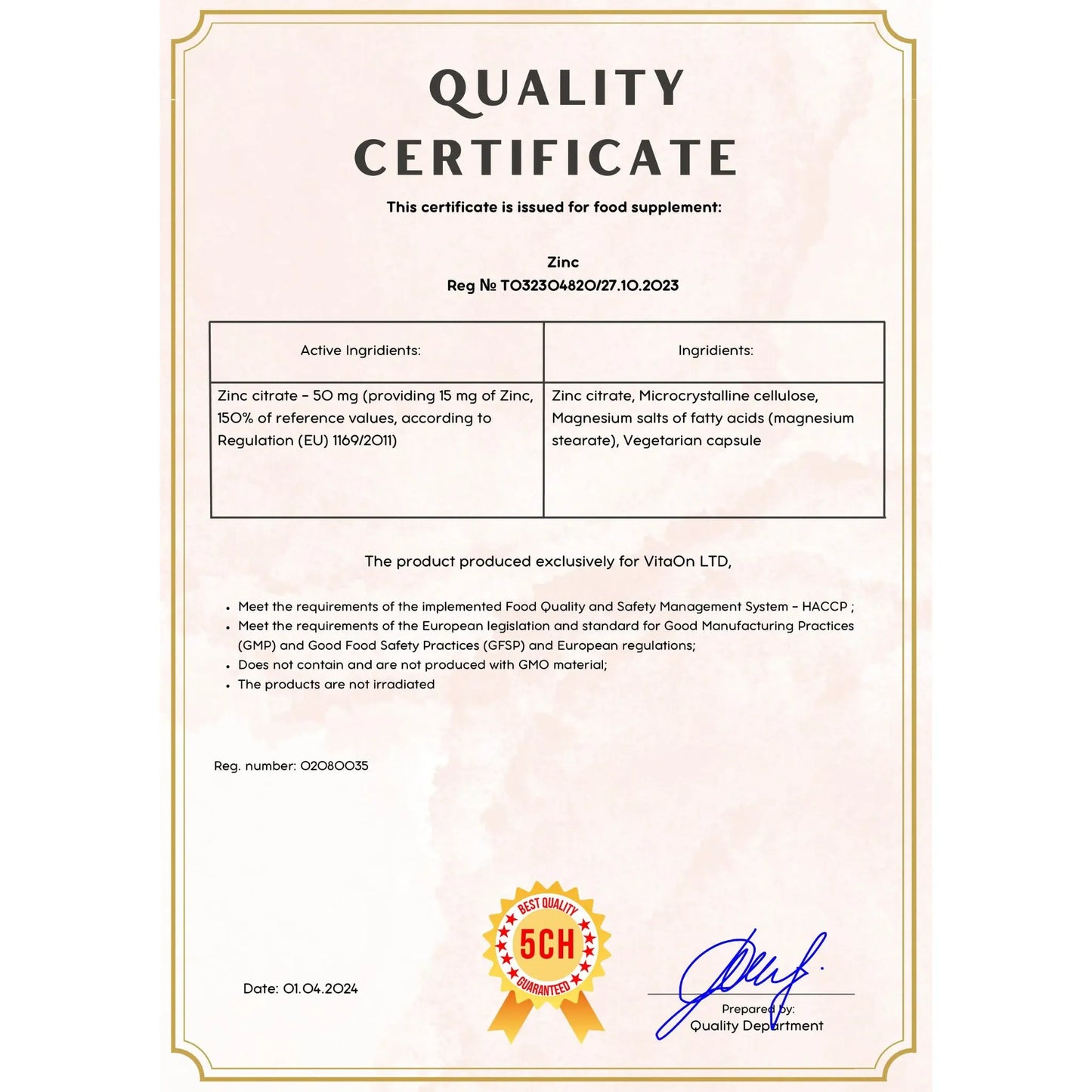 Quality certificate zinc
