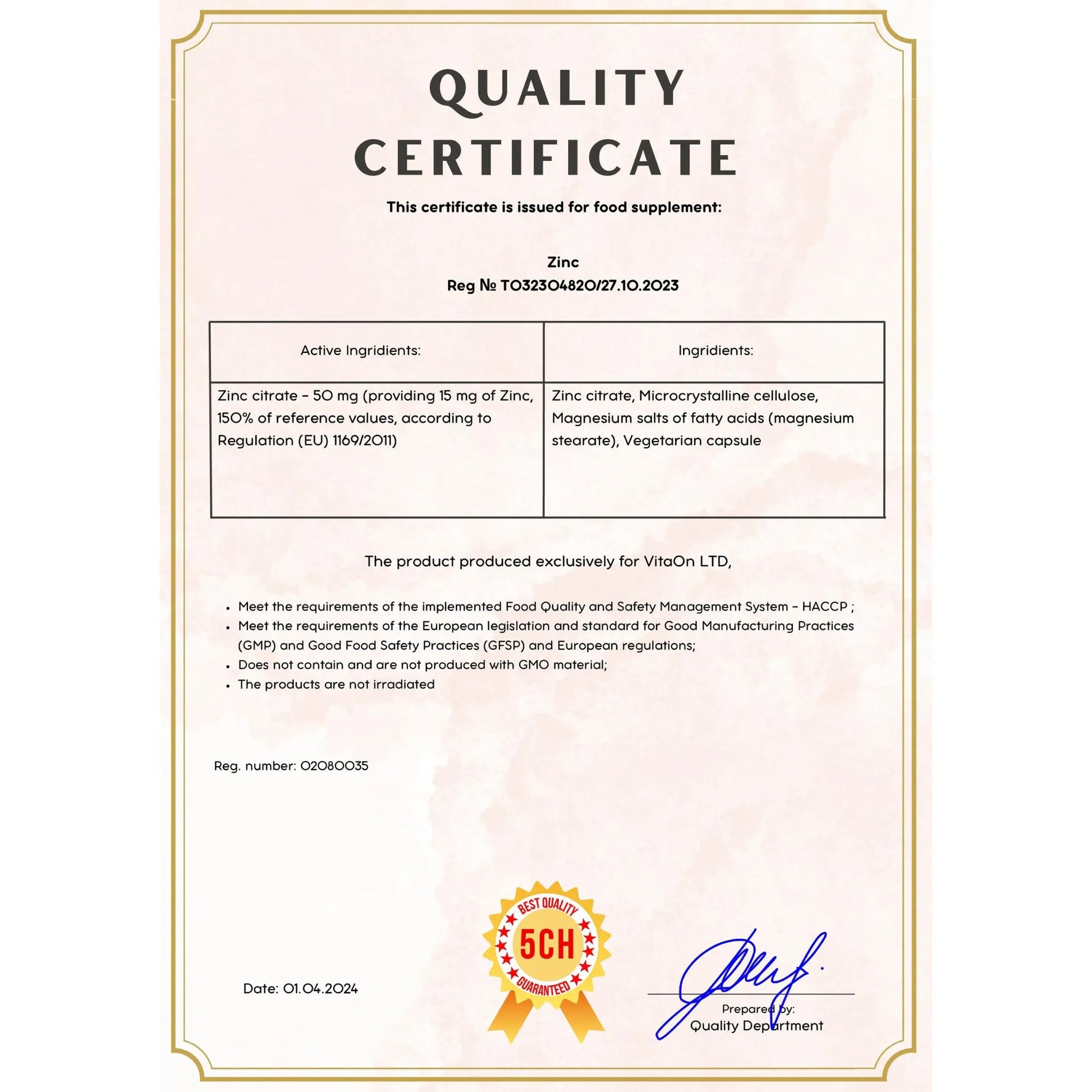 Quality certificate zinc